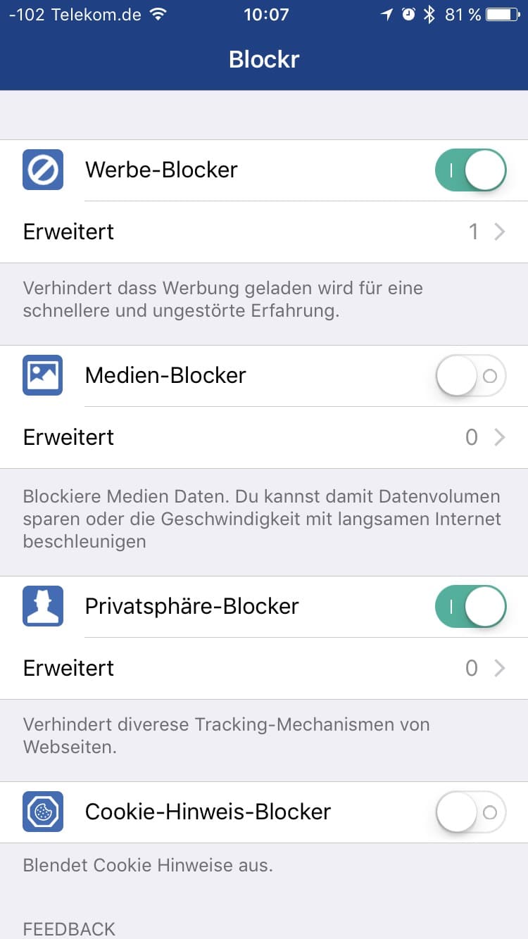 Blokr Einstellungen